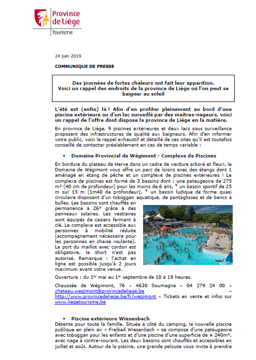 Lieux de baignade extérieure en province de Liège 