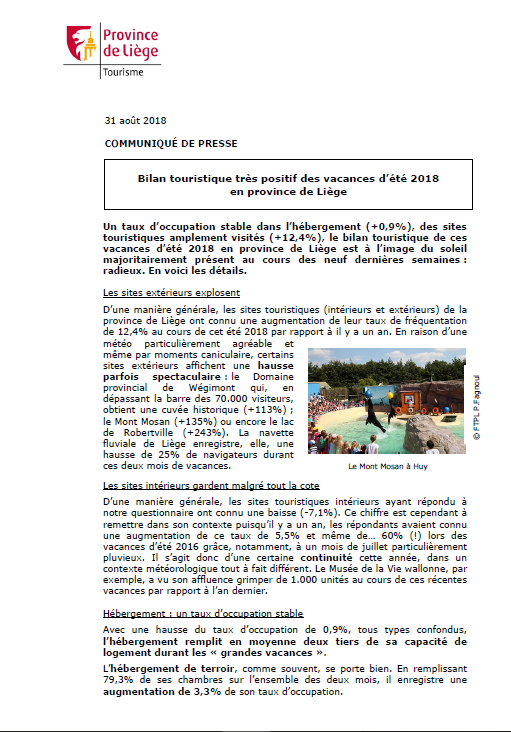 Communiqué de presse - Bilan touristique des vacances d'été 2018 en province de Liège - 31.08.18