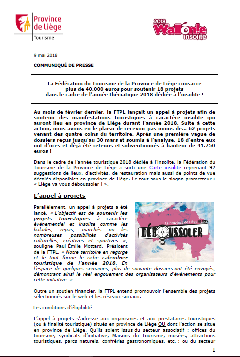 COMMUNIQUÉ DE PRESSE - La FTPL soutient 18 projets insolites ! - 09.05.18