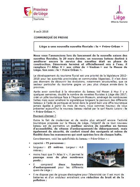 COMMUNIQUÉ DE PRESSE - Nouvelle navette fluviale à Liège - 08.08.18
