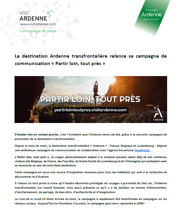 COMMUNIQUÉ DE PRESSE - Partir loin, tout près Campagne de la destination Ardenne transfrontalière