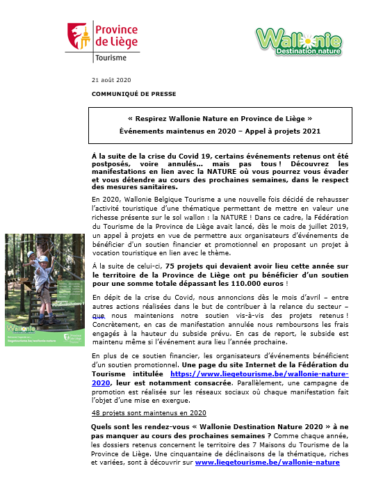 COMMUNIQUÉ DE PRESSE - Respirez Wallonie Nature 2020/2021 en Province de Liège