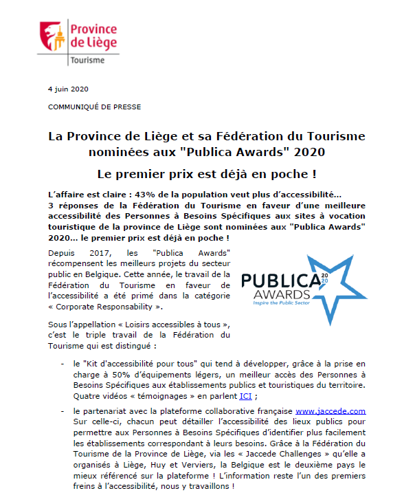 COMMUNIQUÉ DE PRESSE - La Fédération du Tourisme primée aux Publica Awards - 04.06.20