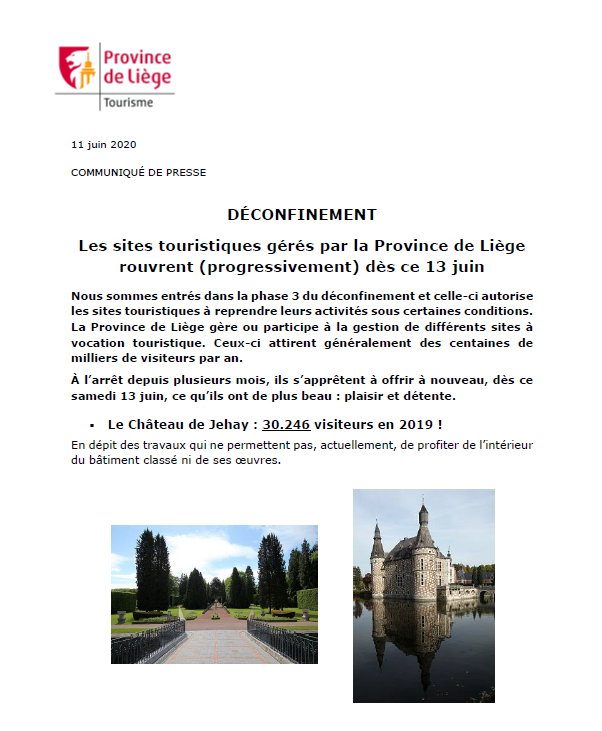  Les sites touristiques gérés par la Province de Liège rouvrent ce 13 juin