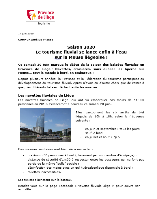 COMMUNIQUÉ DE PRESSE - Le tourisme fluvial se lance enfin à l'eau sur la Meuse liégeoise