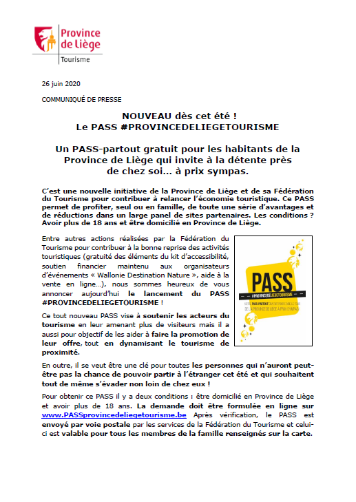 COMMUNIQUÉ DE PRESSE - NOUVEAU dès cet été ! Le PASS #PROVINCEDELIEGETOURISME