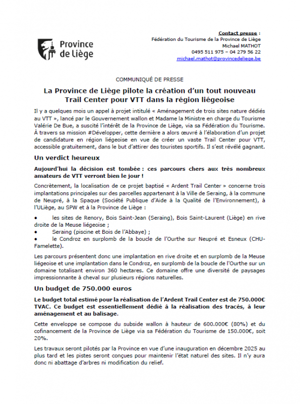 COMMUNIQUÉ DE PRESSE - La Province de Liège pilote la création d’un tout nouveau Trail Center pour VTT dans la région liégeoise